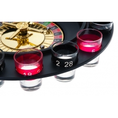 16 vasos de chupito numerados (8 negros y 8 rojos) Ruleta con soporte para los vasos Medidas 30 cm de diámetro por 8 cm de altura incluye bola de ruleta